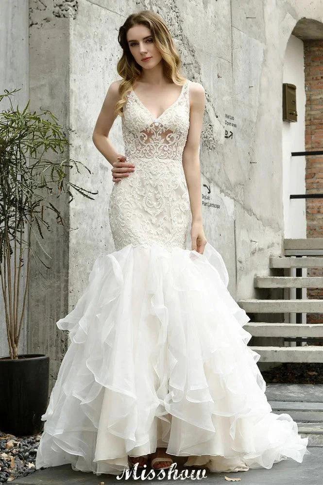 V-Neck Sleeveless Floral Lace Mermaid Bridal Gown Garden Puffy Tulle Slim Wedding Dress - Image 2