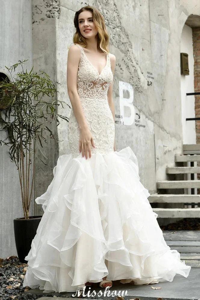 V-Neck Sleeveless Floral Lace Mermaid Bridal Gown Garden Puffy Tulle Slim Wedding Dress - Image 3