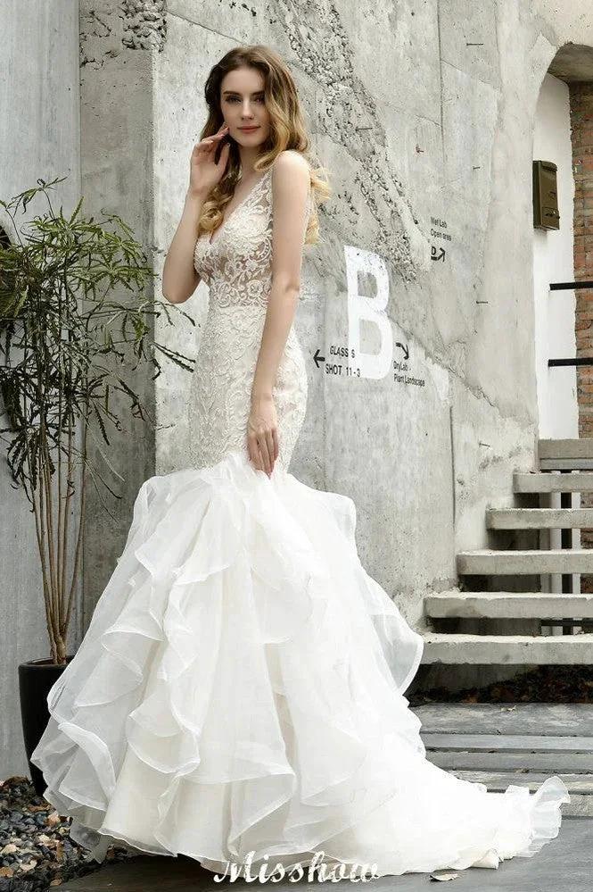V-Neck Sleeveless Floral Lace Mermaid Bridal Gown Garden Puffy Tulle Slim Wedding Dress - Image 4