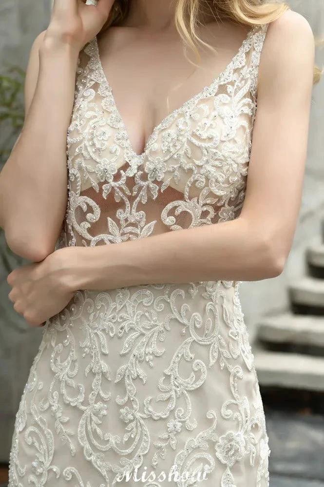 V-Neck Sleeveless Floral Lace Mermaid Bridal Gown Garden Puffy Tulle Slim Wedding Dress - Image 5