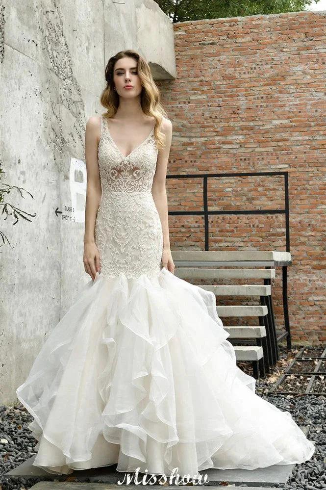 V-Neck Sleeveless Floral Lace Mermaid Bridal Gown Garden Puffy Tulle Slim Wedding Dress - Image 6
