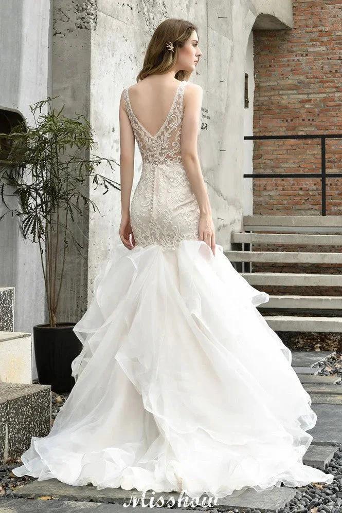 V-Neck Sleeveless Floral Lace Mermaid Bridal Gown Garden Puffy Tulle Slim Wedding Dress - Image 7