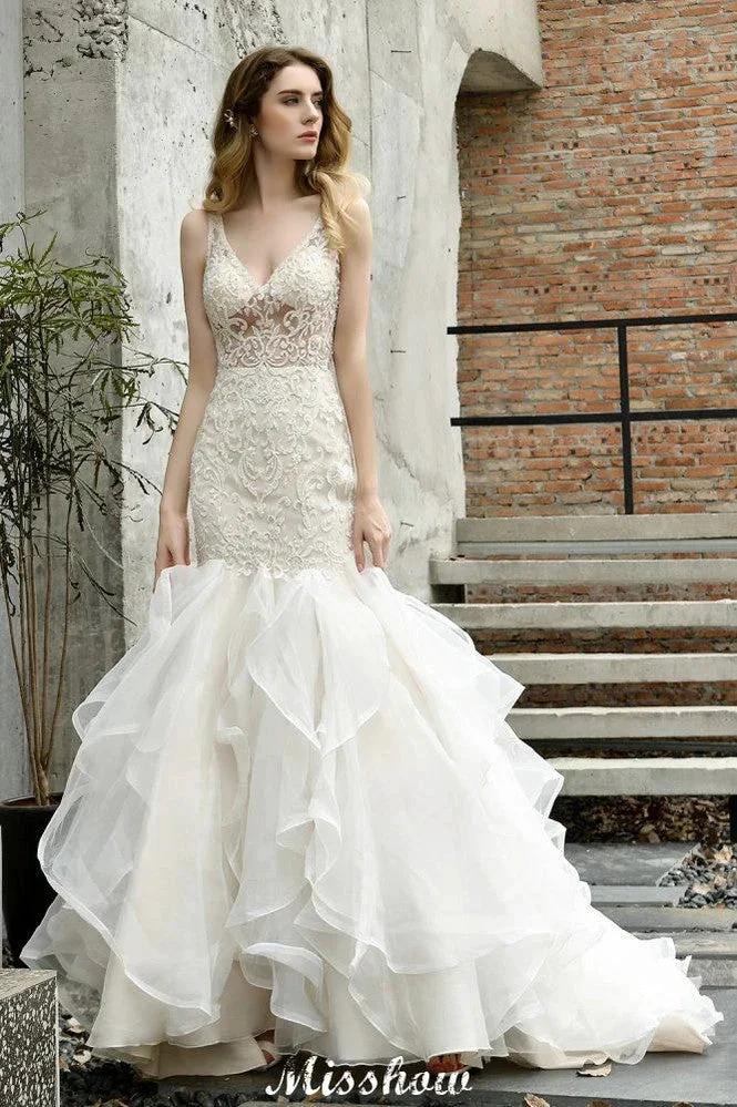 V-Neck Sleeveless Floral Lace Mermaid Bridal Gown Garden Puffy Tulle Slim Wedding Dress - Image 8
