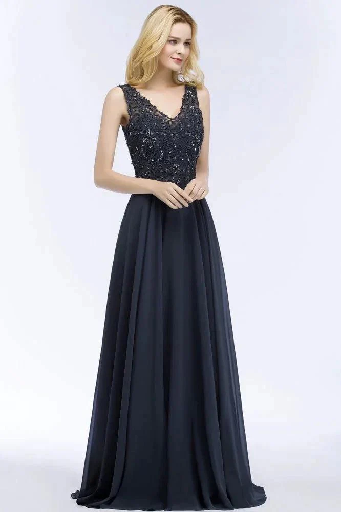 V-neck Sleeveless Long Appliqued Crystals Chiffon Prom Dresses - Image 3