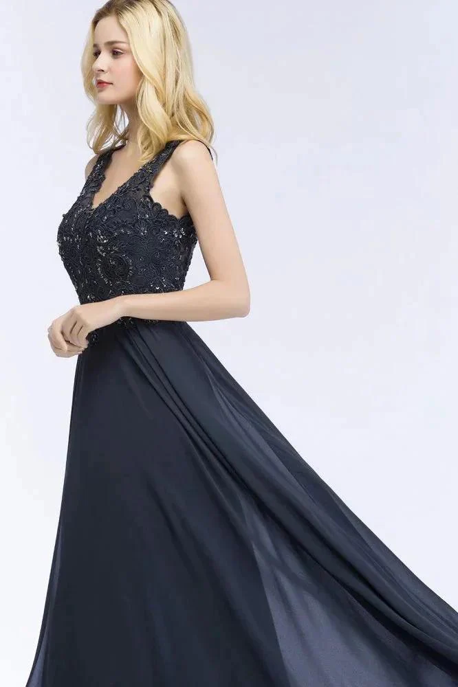 V-neck Sleeveless Long Appliqued Crystals Chiffon Prom Dresses - Image 4