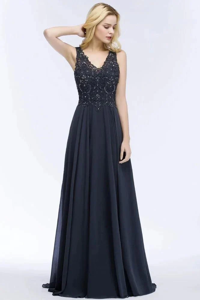V-neck Sleeveless Long Appliqued Crystals Chiffon Prom Dresses - Image 5