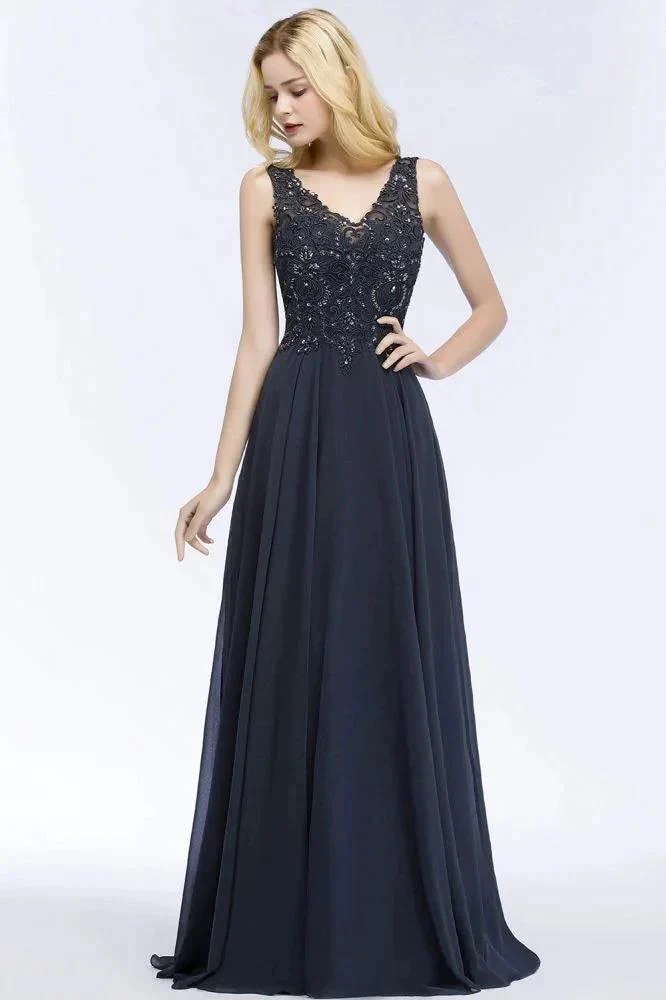 V-neck Sleeveless Long Appliqued Crystals Chiffon Prom Dresses - Image 6
