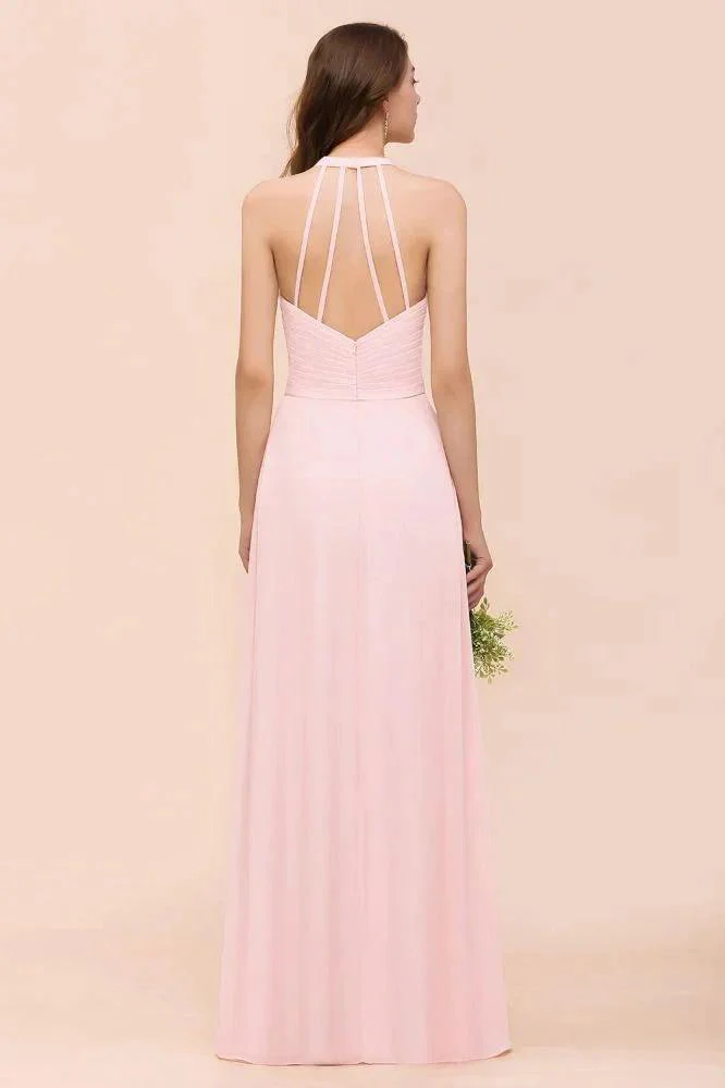 V-Neck Sleeveless Maxi Bridesmaid Dress Pink Chiffon Beach Wedding Dress - Image 2