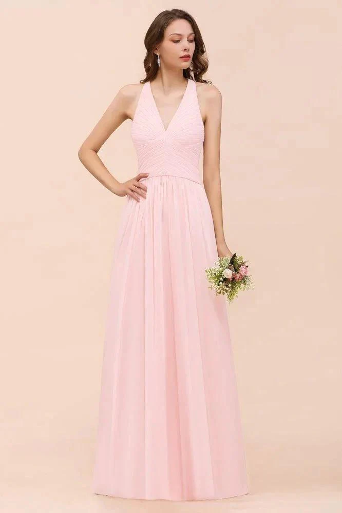 V-Neck Sleeveless Maxi Bridesmaid Dress Pink Chiffon Beach Wedding Dress - Image 3