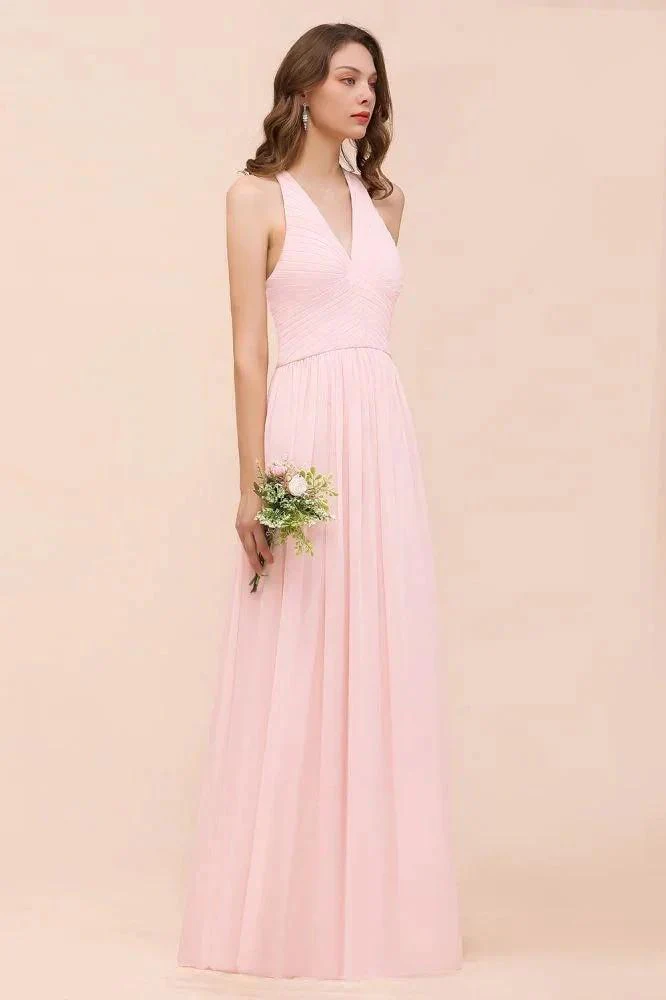 V-Neck Sleeveless Maxi Bridesmaid Dress Pink Chiffon Beach Wedding Dress - Image 4