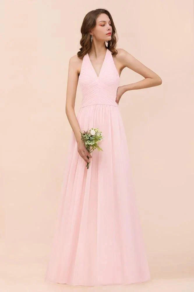 V-Neck Sleeveless Maxi Bridesmaid Dress Pink Chiffon Beach Wedding Dress - Image 5
