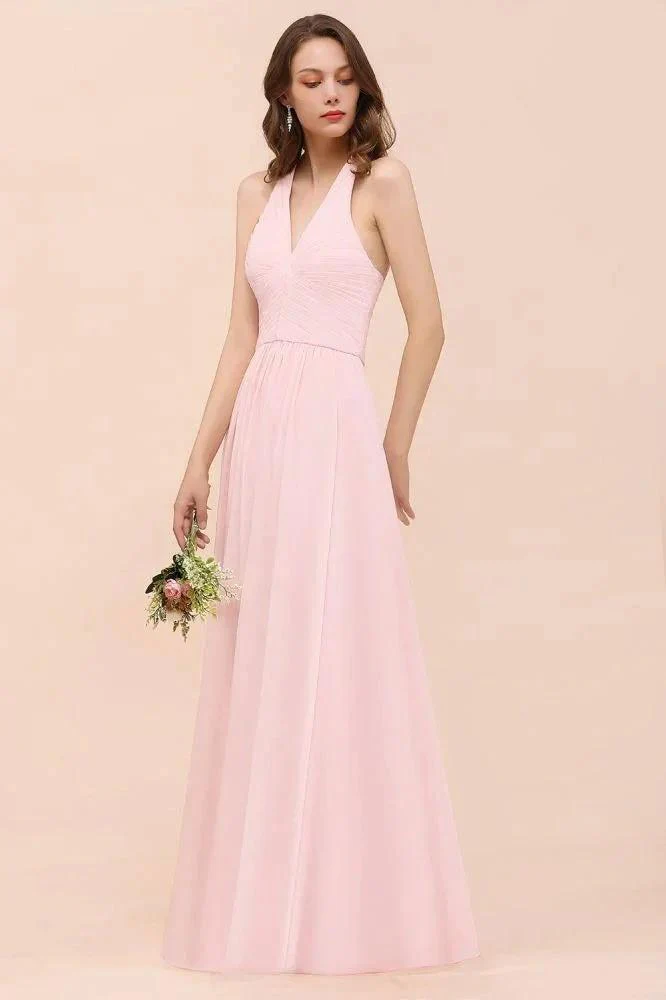 V-Neck Sleeveless Maxi Bridesmaid Dress Pink Chiffon Beach Wedding Dress - Image 6