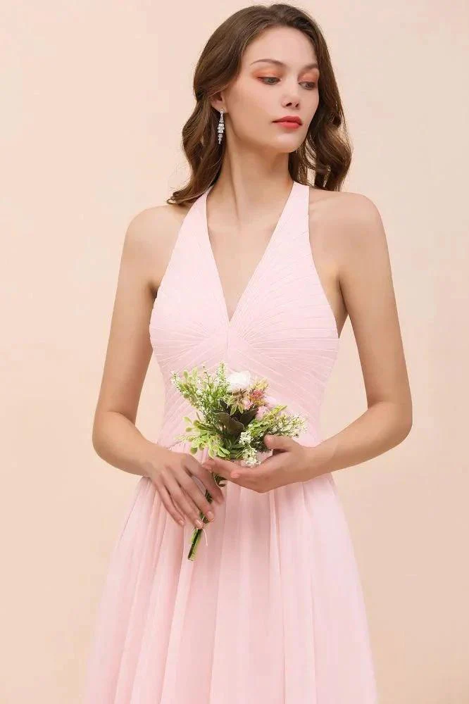 V-Neck Sleeveless Maxi Bridesmaid Dress Pink Chiffon Beach Wedding Dress - Image 7
