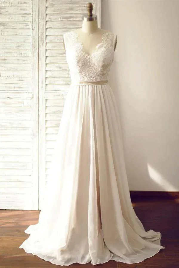 V-neck  Sleeveless Open Back Wedding Dress with Lace Sash PG200 - Image 2