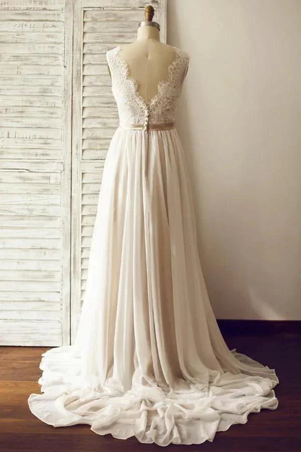 V-neck  Sleeveless Open Back Wedding Dress with Lace Sash PG200 - Image 3