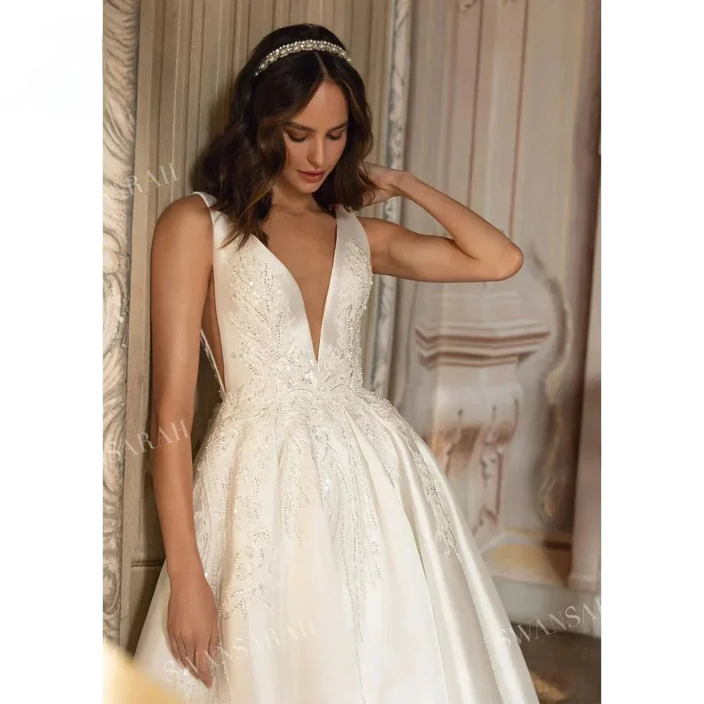 V-neck Sleeveless Wedding Dress 2024 Beading Open Back Court Train Princess Bride Gown SwanSarah P277 Plus Size Vestido De Novia - Image 3