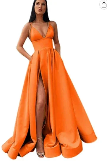 V-Neck Slit Satin Long Prom Dress Spaghetti Strap Evening Ball Gown with Pockets S14431 - Image 3
