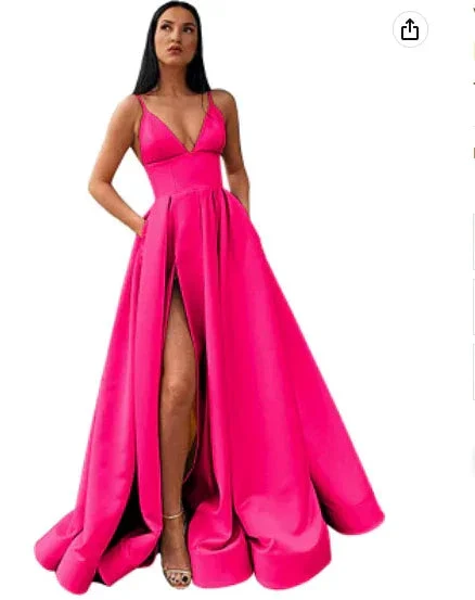 V-Neck Slit Satin Long Prom Dress Spaghetti Strap Evening Ball Gown with Pockets S14431 - Image 4