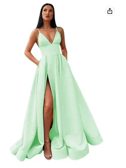 V-Neck Slit Satin Long Prom Dress Spaghetti Strap Evening Ball Gown with Pockets S14431 - Image 5