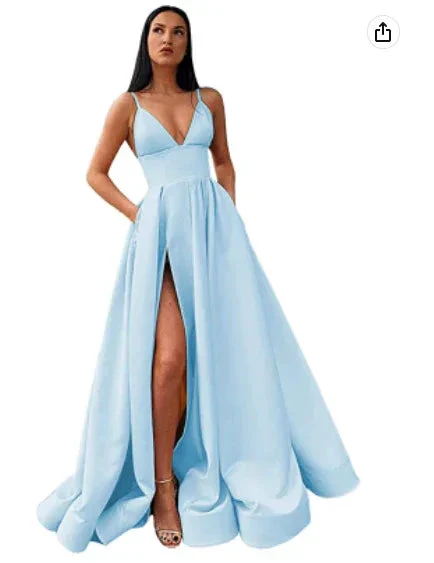 V-Neck Slit Satin Long Prom Dress Spaghetti Strap Evening Ball Gown with Pockets S14431 - Image 6
