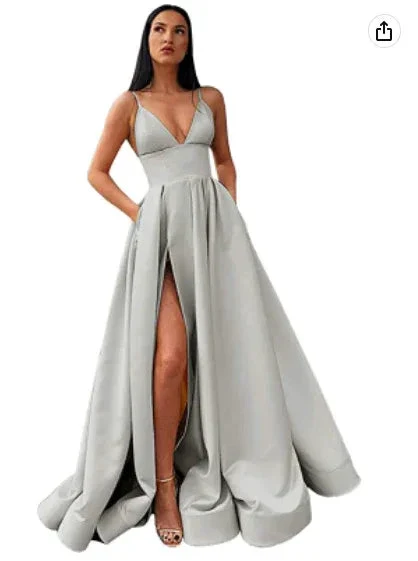 V-Neck Slit Satin Long Prom Dress Spaghetti Strap Evening Ball Gown with Pockets S14431 - Image 7