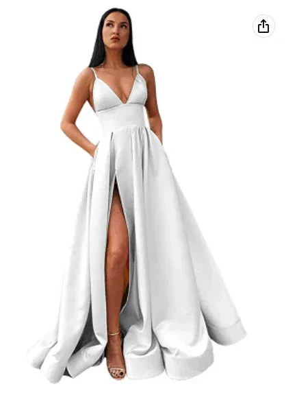 V-Neck Slit Satin Long Prom Dress Spaghetti Strap Evening Ball Gown with Pockets S14431 - Image 8