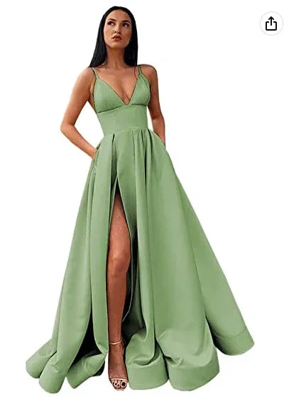 V-Neck Slit Satin Long Prom Dress Spaghetti Strap Evening Ball Gown with Pockets S14431 - Image 9