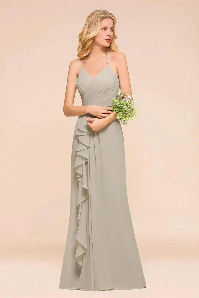 V-Neck Spaghetti Floor Length Folds Bridesmaid Dress - Image 3