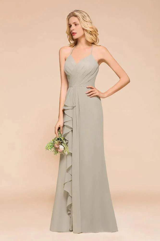 V-Neck Spaghetti Floor Length Folds Bridesmaid Dress - Image 4