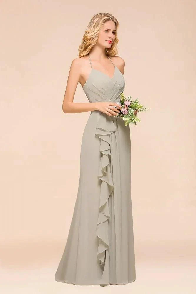 V-Neck Spaghetti Floor Length Folds Bridesmaid Dress - Image 5