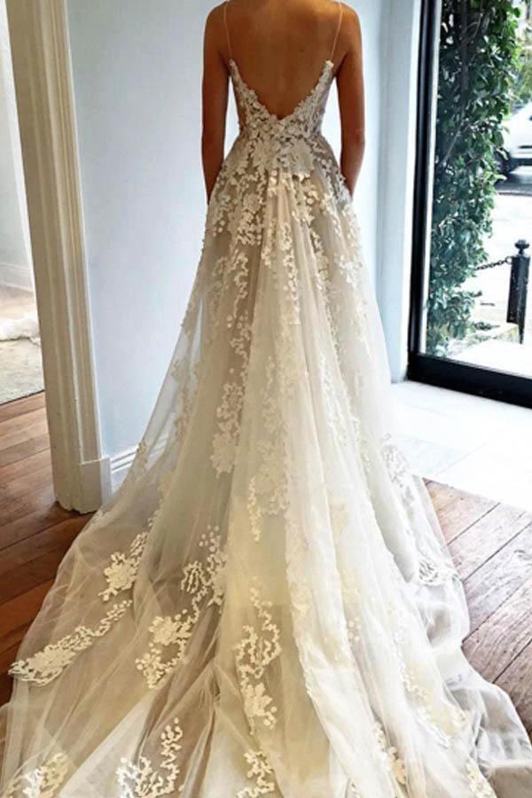 V Neck Spaghetti Straps Appliques Court Train Tulle Wedding Dress WD165 - Image 2