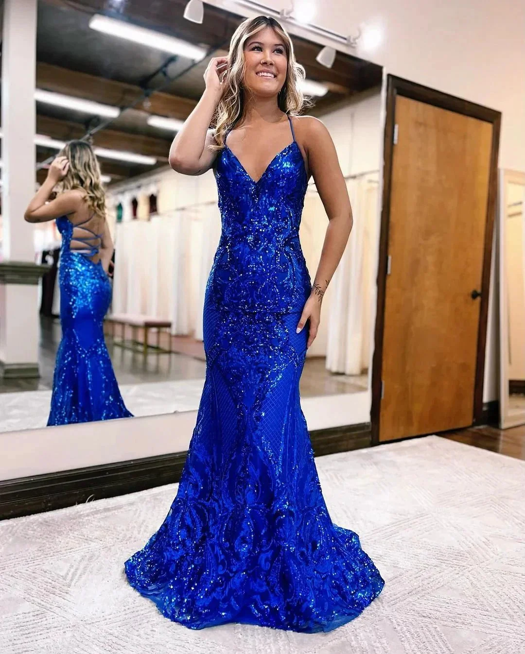 V Neck Spaghetti Straps Backless Royal Blue Sequin Long Prom Dress - Image 2