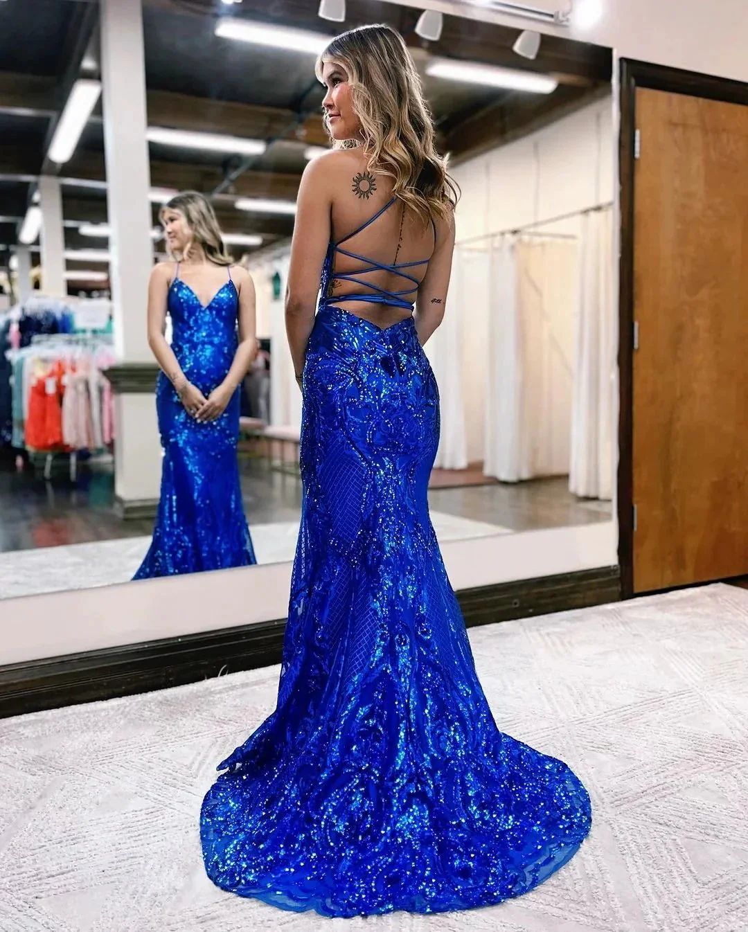 V Neck Spaghetti Straps Backless Royal Blue Sequin Long Prom Dress - Image 3