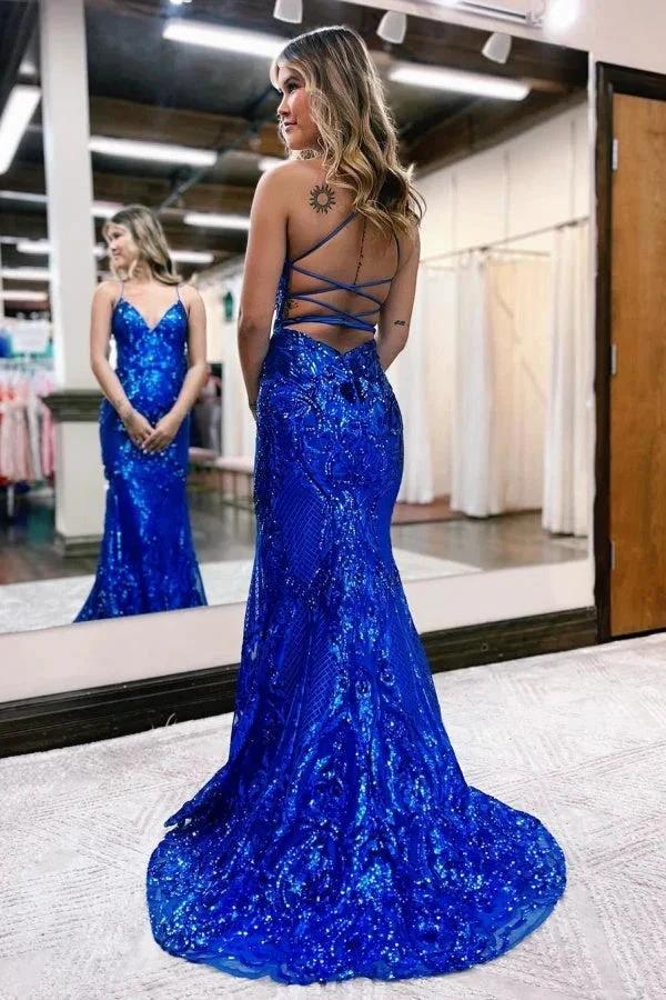 V Neck Spaghetti Straps Backless Royal Blue Sequin Long Prom Dress - Image 4