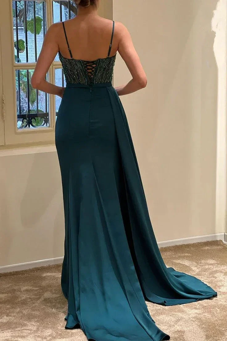V-Neck Spaghetti Straps Beaded Ruched Sheath Long Evening Dress Y6003 - Image 2