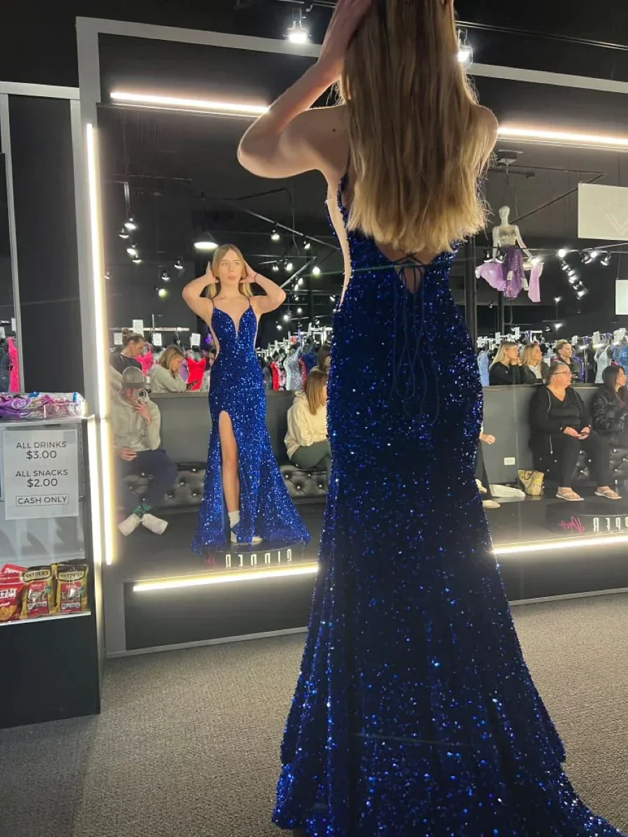 V-Neck Spaghetti Straps Sequins Mermaid Long Evening Dress Y5359 - Image 2