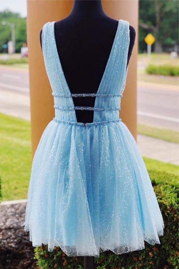 V-Neck Sparkling Beading Sky Blue Short Prom Dress Homecoming Dress PD316 - Image 3