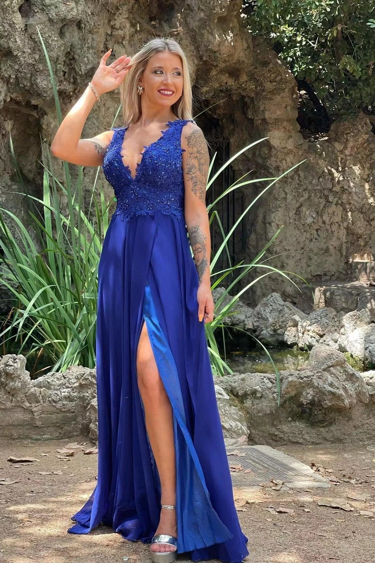 V Neck Split Front Chiffon Long Evening Dress with Elegant Appliques Lace - Image 6