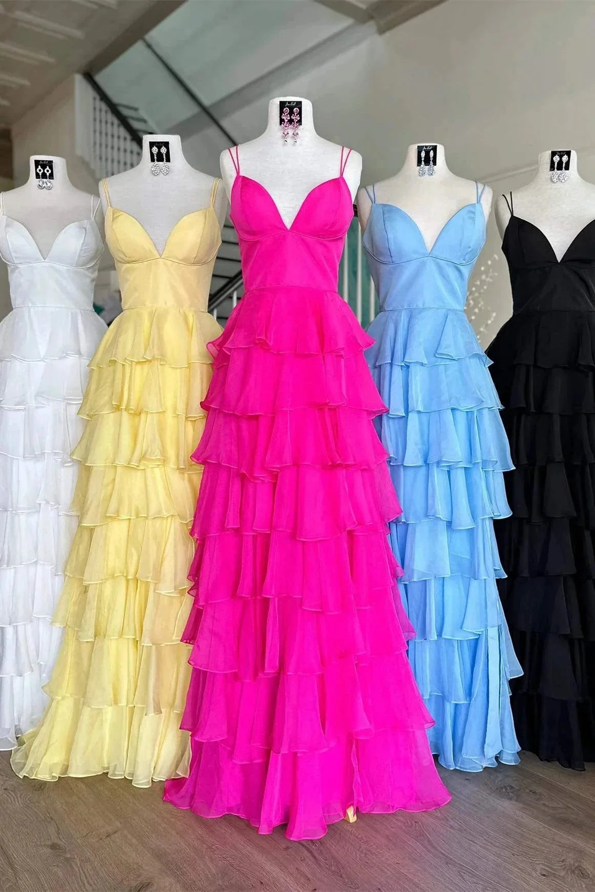 Margot | V-Neck Straps Ruffle Chiffon Prom Dress with Slit - Image 3
