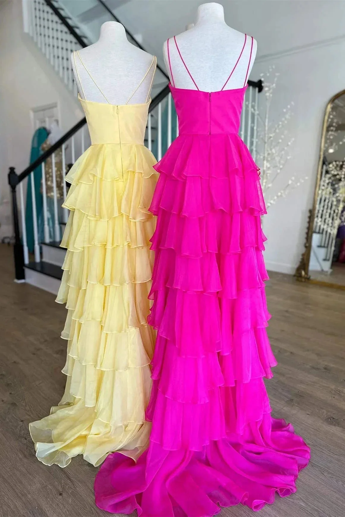 Margot | V-Neck Straps Ruffle Chiffon Prom Dress with Slit - Image 4