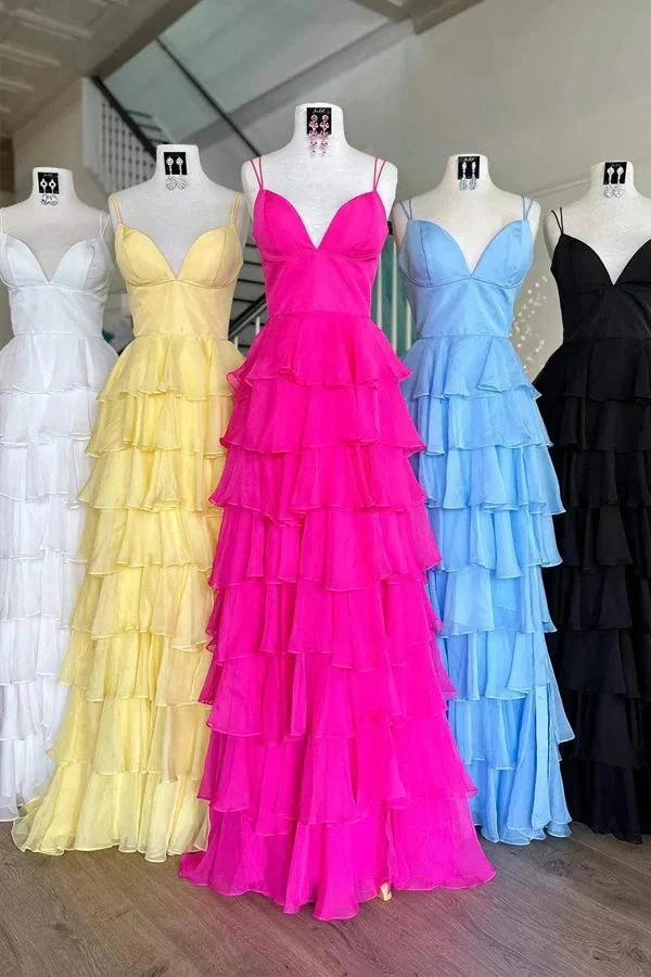 V-Neck Straps Fuchsia Ruffle Chiffon Prom Dress with Slit PSK470 - Image 3