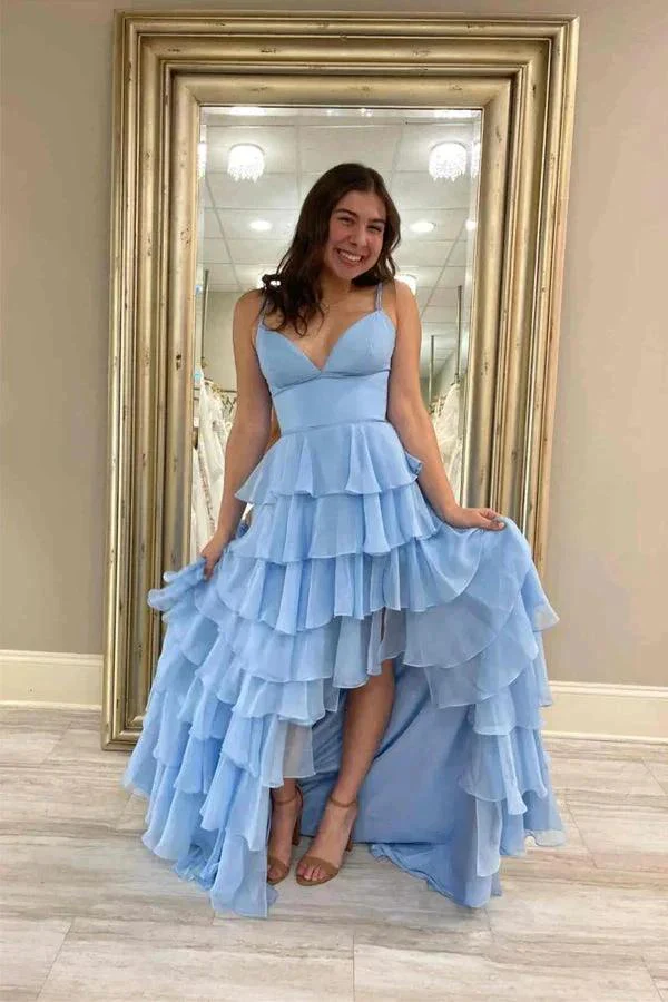 V-Neck Straps Fuchsia Ruffle Chiffon Prom Dress with Slit PSK470 - Image 5