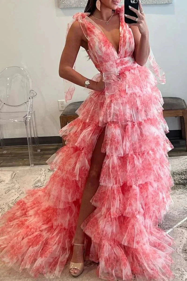 Kylee | V-Neck Tie Straps Red Floral Print Layered Long Prom Dress - Image 2