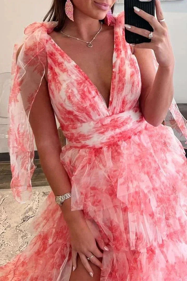 Kylee | V-Neck Tie Straps Red Floral Print Layered Long Prom Dress - Image 3