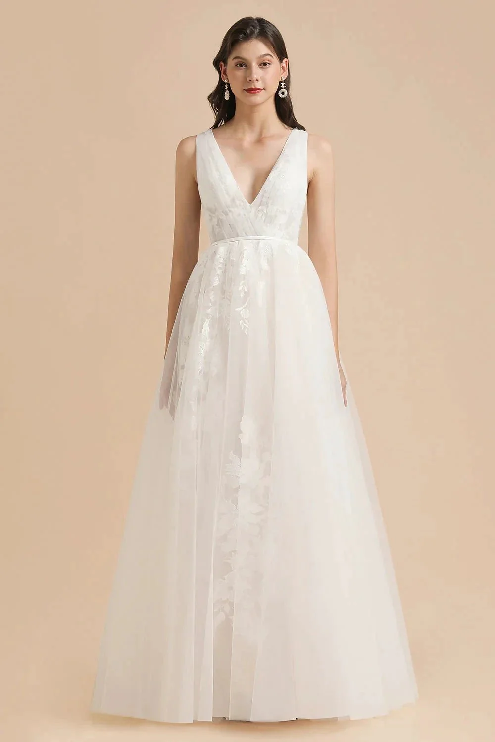 V-Neck Tulle Lace Appliques Simple Wedding Dress Garden Wedding Gowns Floor Length - Image 2