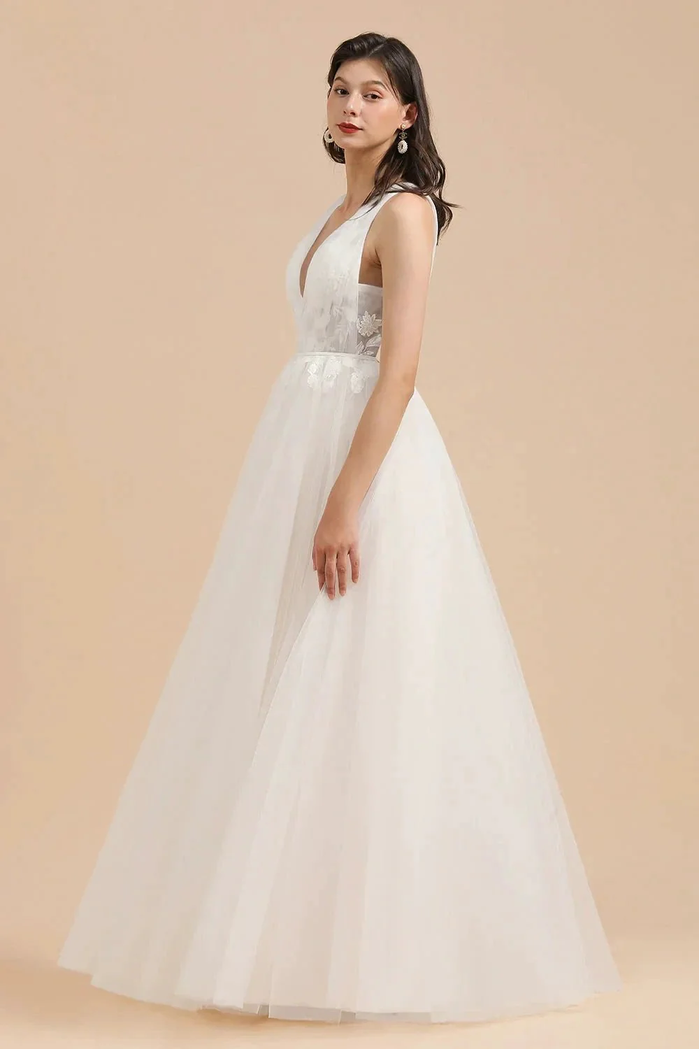 V-Neck Tulle Lace Appliques Simple Wedding Dress Garden Wedding Gowns Floor Length - Image 4