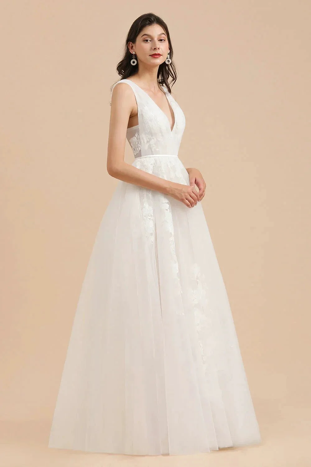 V-Neck Tulle Lace Appliques Simple Wedding Dress Garden Wedding Gowns Floor Length - Image 5
