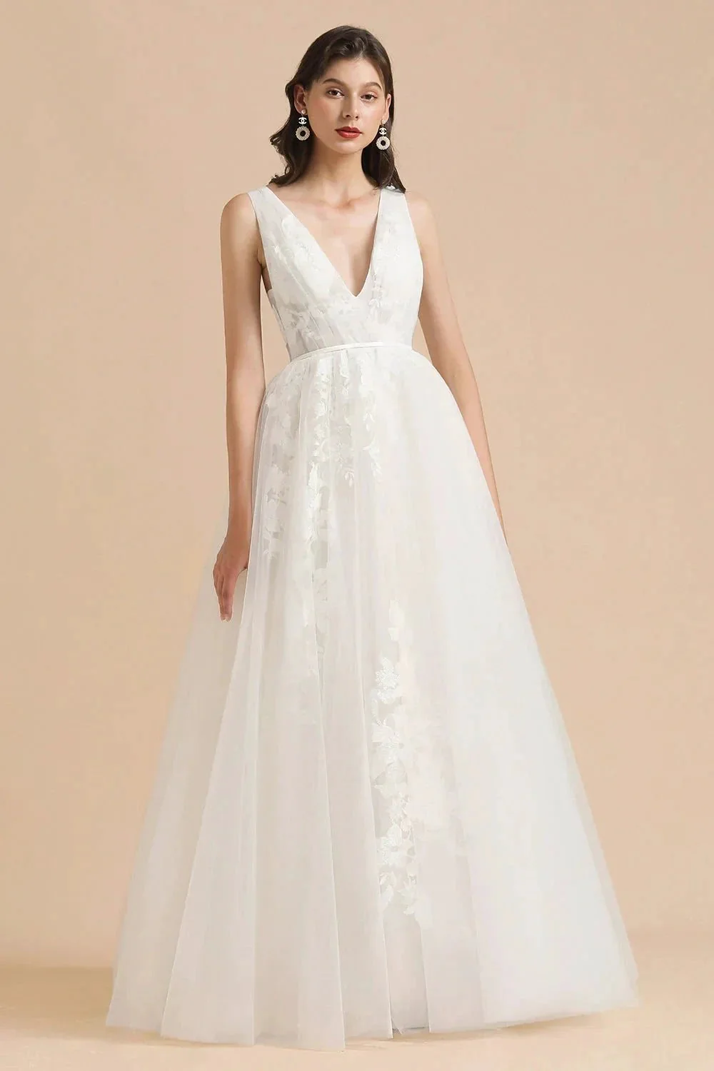 V-Neck Tulle Lace Appliques Simple Wedding Dress Garden Wedding Gowns Floor Length - Image 6