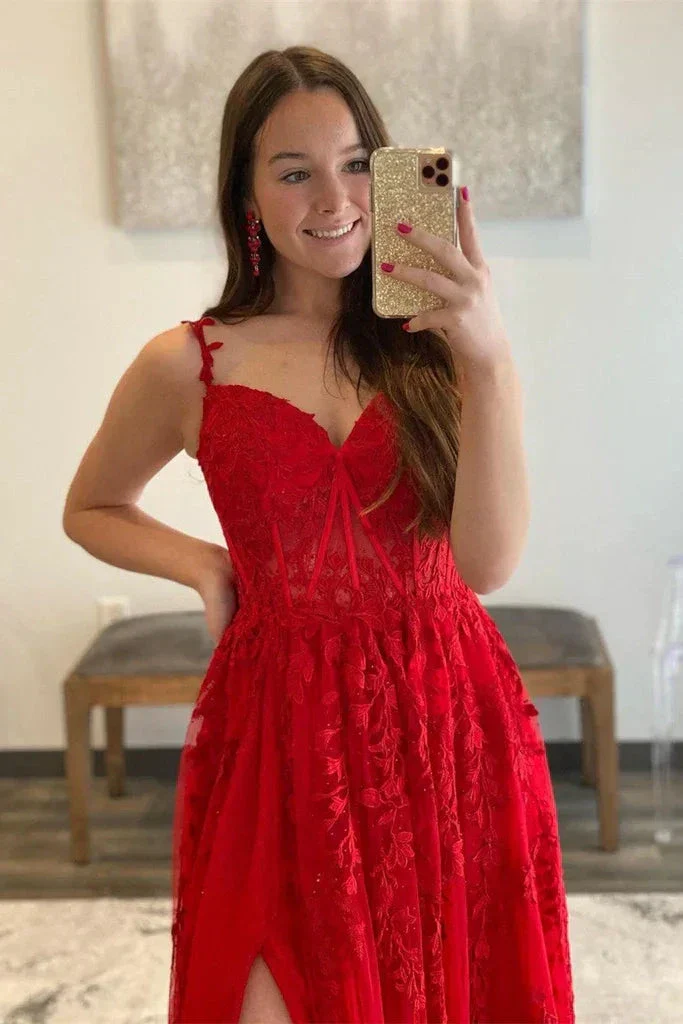 V Neck Tulle Red Lace Long Prom Dress with High Slit, Red Lace Formal Dress, Red Evening Dress Y217 - Image 2