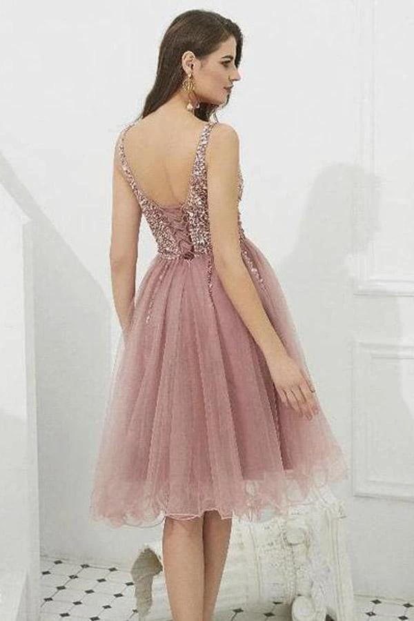 V-neck Tulle with Beaded Short Prom Dresses Homecoming Dresses PD366 - Image 3